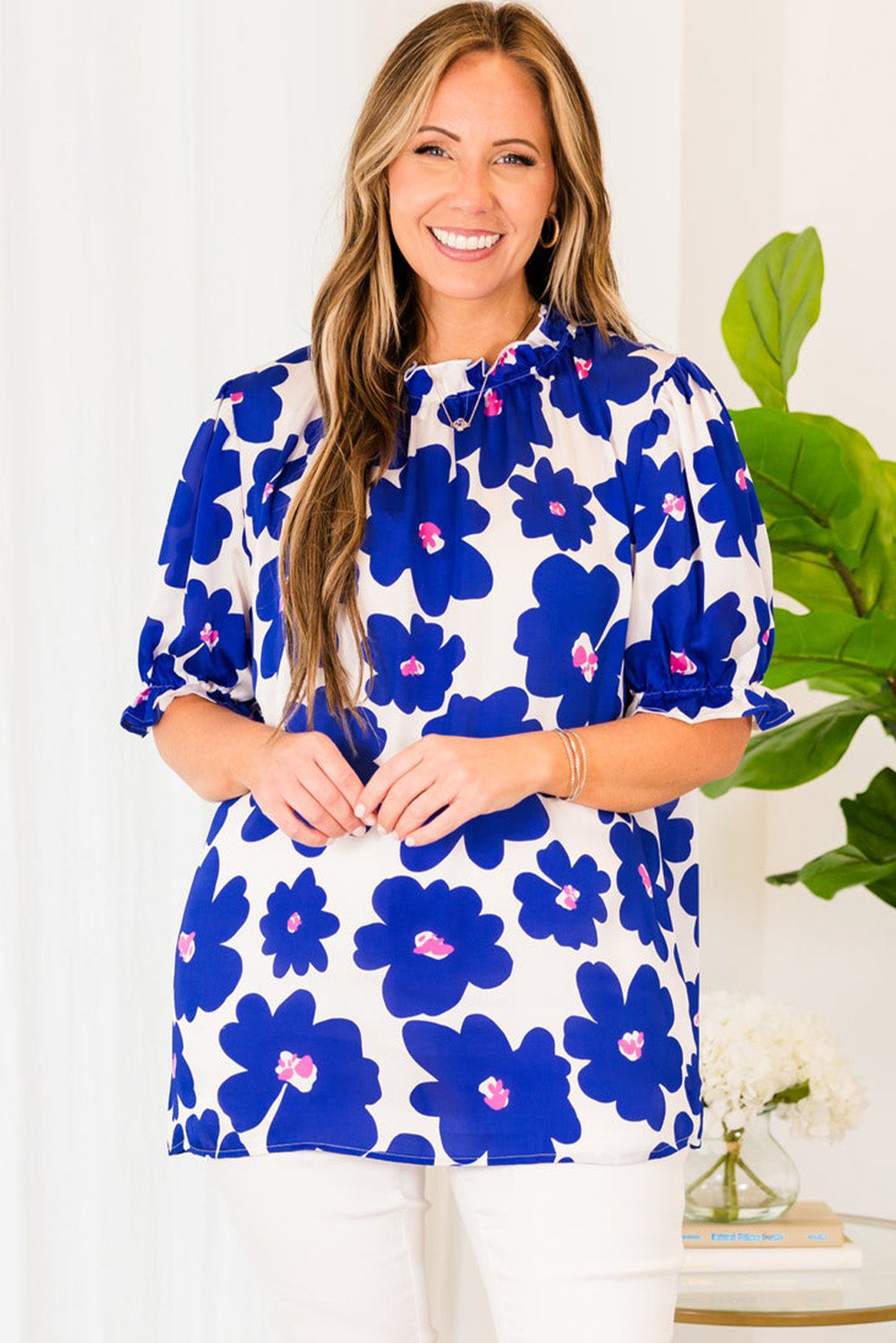 Blue Floral Print Frilled Neck Half Sleeve Plus Size Top Pre Order Plus Size JT's Designer Fashion