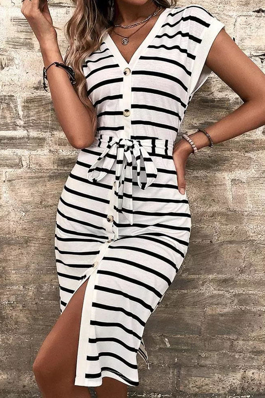 Striped Button Slit Tie V-Neck Midi Dress Midi Dresses JT's Designer Fashion