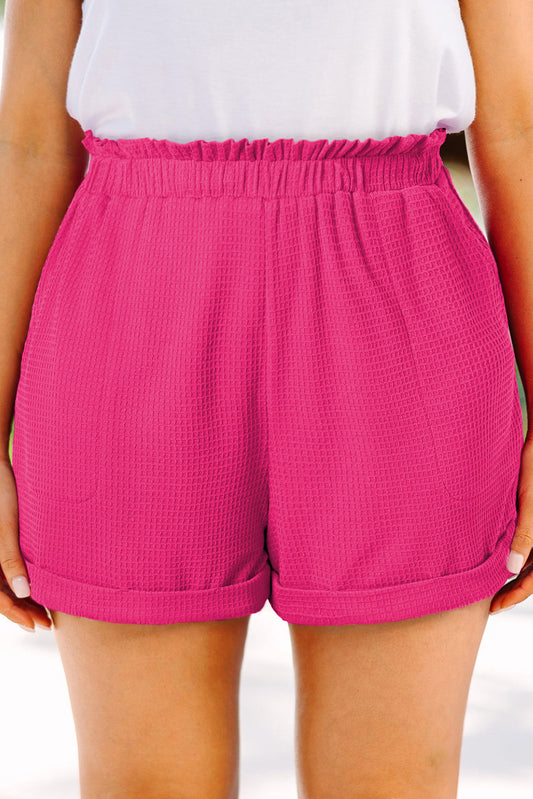 Bright Pink Plus Size Rolled Edge Ruffled Elastic Waist Textured Shorts Pre Order Plus Size JT's Designer Fashion