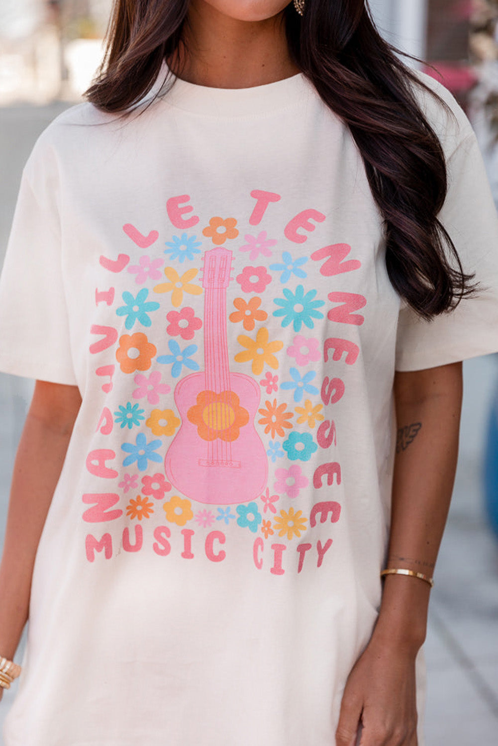 White Floral Guitar NASHVILLE Slogan Graphic T Shirt Graphic Tees JT's Designer Fashion