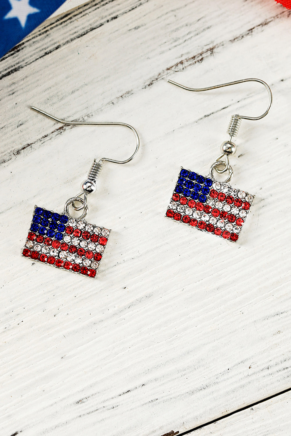 Fiery Red Rhinestone USA Flag Squared Drop Earrings Jewelry JT's Designer Fashion