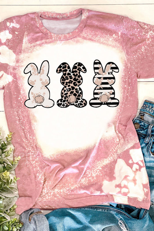 Pink Bleached Tie-dye Easter Rabbits Graphic T Shirt Pink 95%Polyester+5%Elastane Graphic Tees JT's Designer Fashion