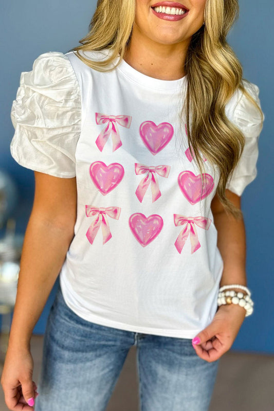 White Heart and Bowknot Graphic Contrast Bubble Sleeve Tee Graphic Tees JT's Designer Fashion