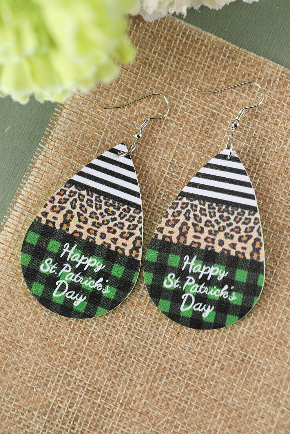 Green Striped Leopard Plaid Holiday Wishes Letters Print Earrings Jewelry JT's Designer Fashion