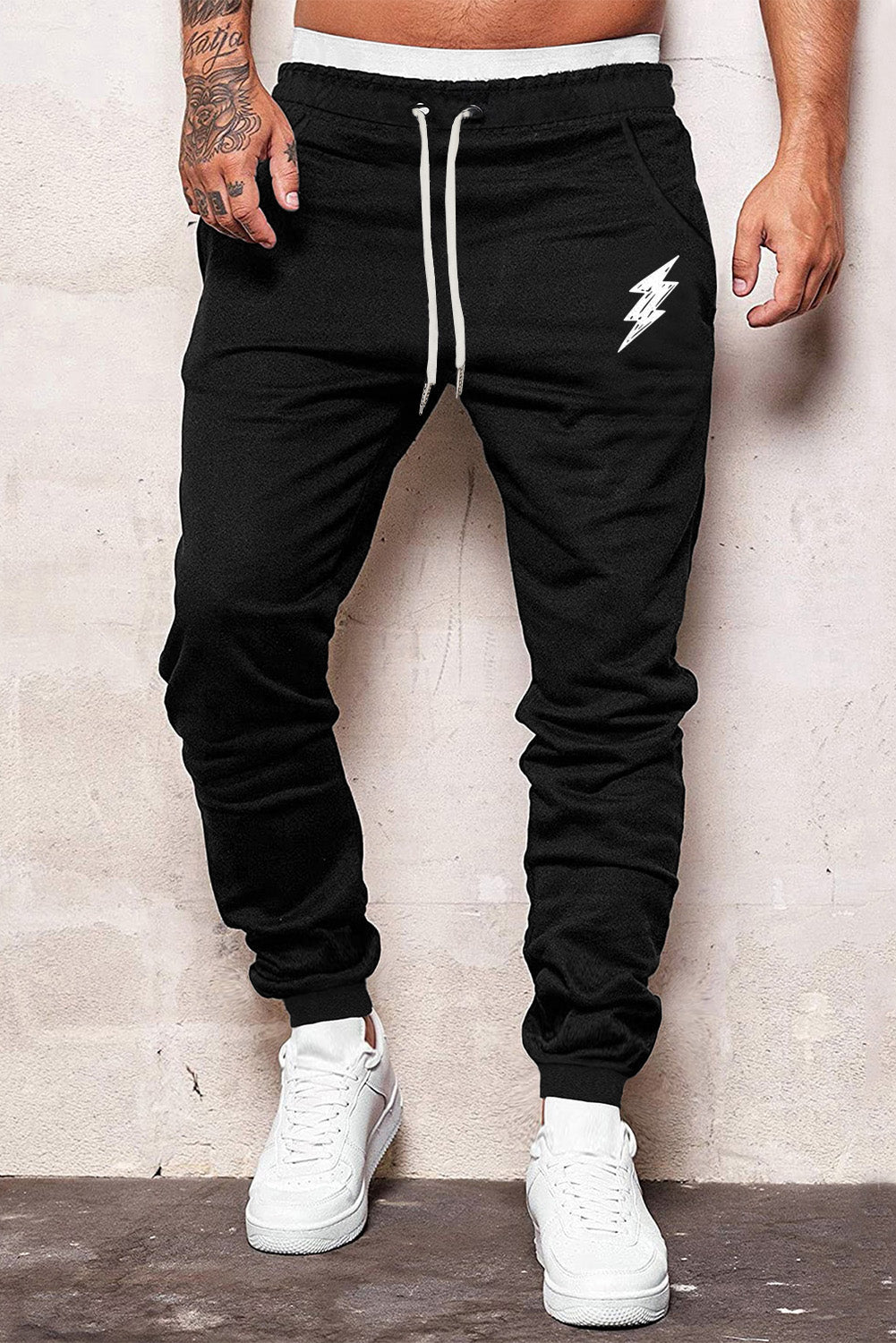 Black Lightning Print Drawstring Waist Men's Sweatpants Black 65%涤纶+35%棉 Men's Pants JT's Designer Fashion