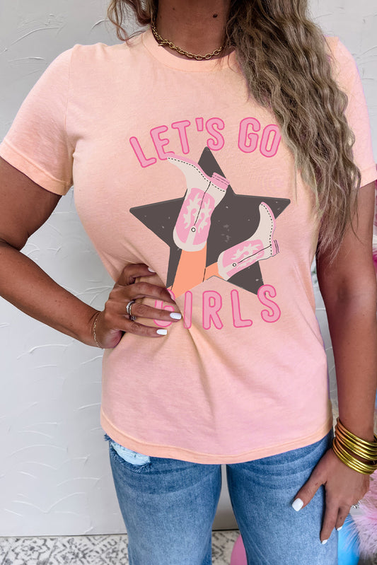 Pink LETS GO GIRLS Western Boots Star Shape Graphic Tee Graphic Tees JT's Designer Fashion
