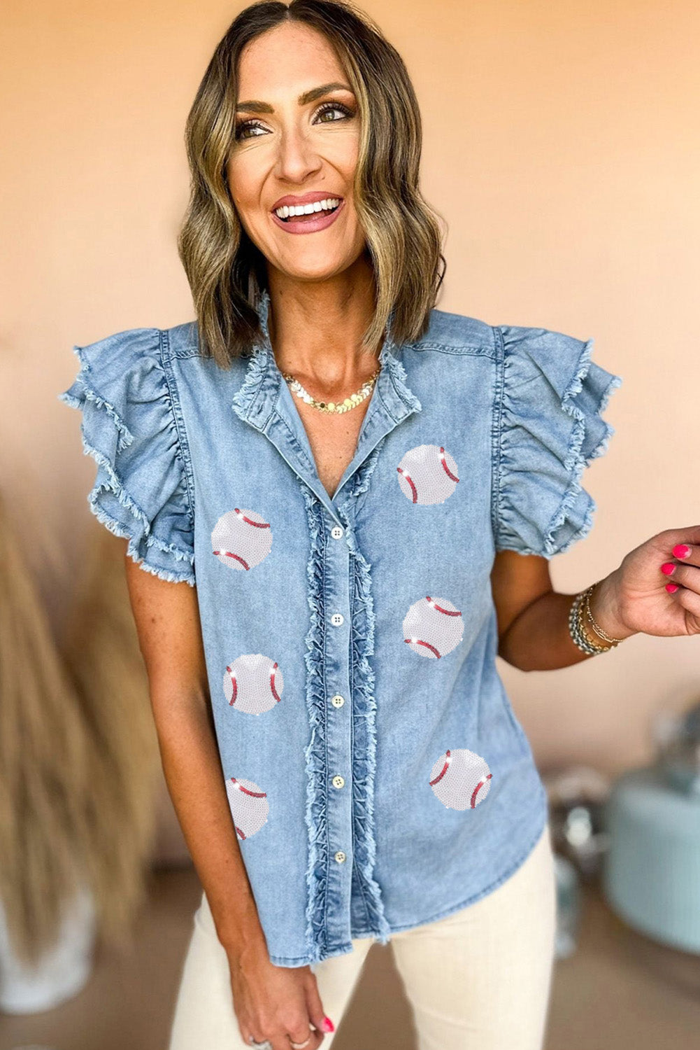 Beau Blue Sequin Baseball Graphic Button Up Ruffled Sleeve Frayed Denim Top Graphic Tees JT's Designer Fashion
