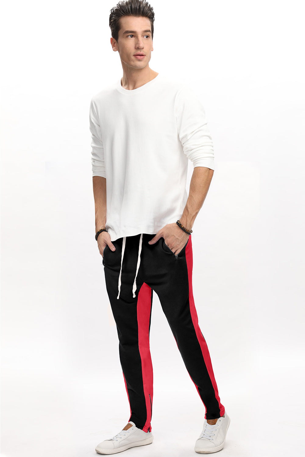 Red Colorblock Patchwork Zipper Casual Mens Joggers Men's Pants JT's Designer Fashion