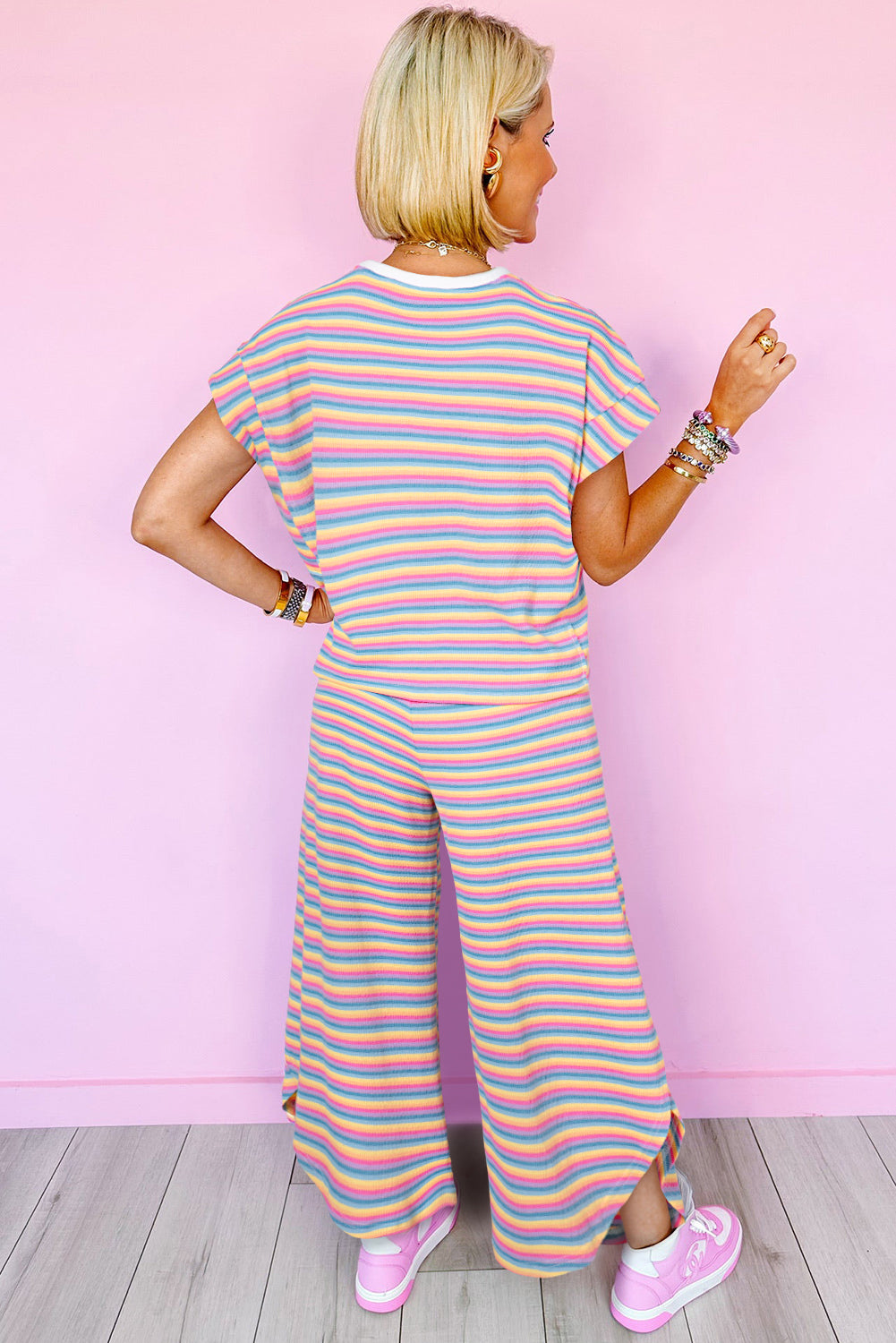 Pink Stripe Rainbow Tee Tasseled String Wide Leg Pants Set Pre Order Tops JT's Designer Fashion