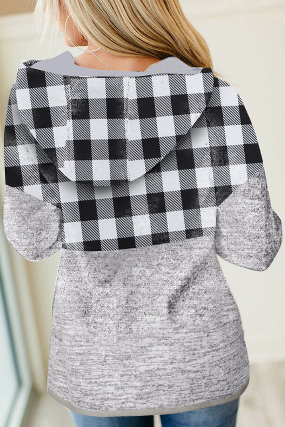 Black Plaid Splicing Pocketed Hoodie Sweatshirts & Hoodies JT's Designer Fashion