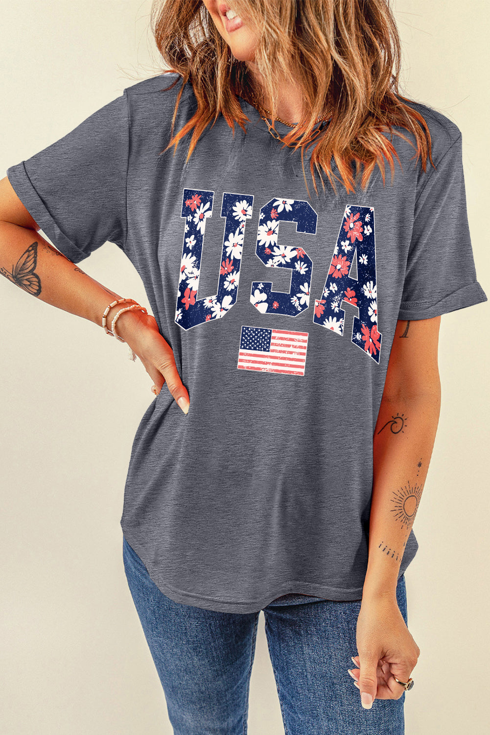 Gray Blooming USA Flag Print Casual T Shirt Graphic Tees JT's Designer Fashion
