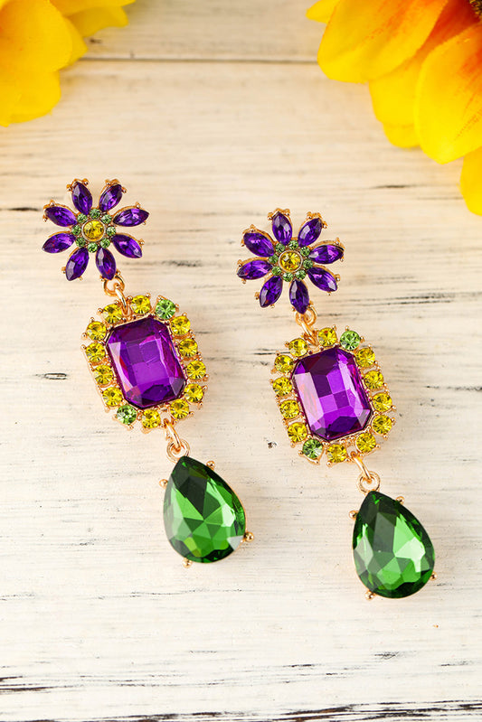 Purple Mardi Gras Diamond Flower Geometric Dangle Earrings Jewelry JT's Designer Fashion