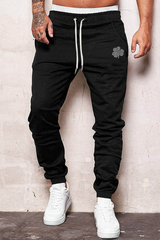 Black Clover Print Pocket Drawstring Waist Men's Sweatpants Black Men's Pants JT's Designer Fashion