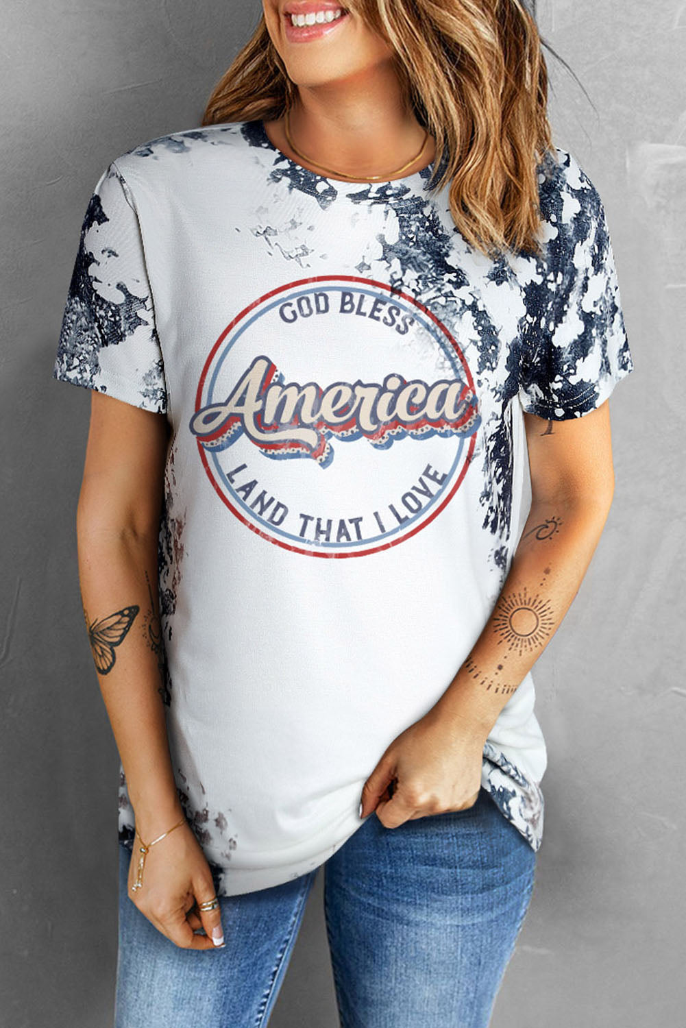 Gray America Slogan Tie Dye Print T Shirt Graphic Tees JT's Designer Fashion
