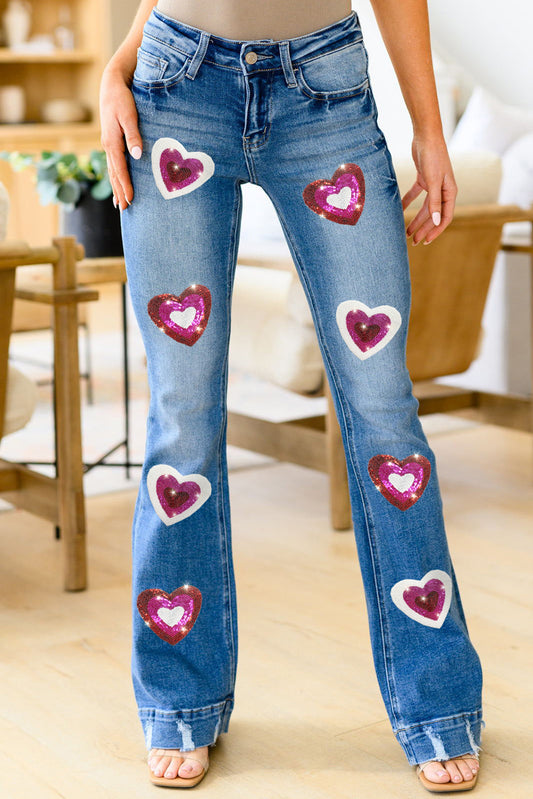 Sky Blue Sequin Heart Shape Patched Distressed Flare Jeans Graphic Pants JT's Designer Fashion