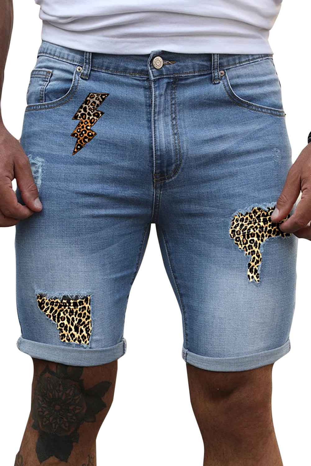 Sky Blue Leopard Lightning Patchwork Skinny Fit Men's Jeans Men's Pants JT's Designer Fashion