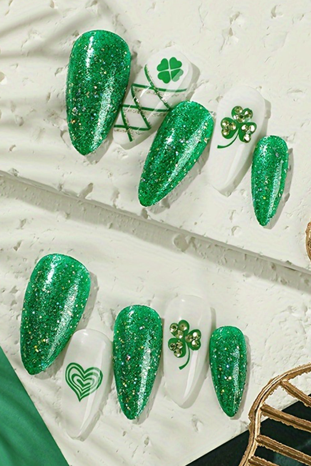 Blackish Green Almond Clover Rhinestone Glitter Fake Nails Other Accessories JT's Designer Fashion
