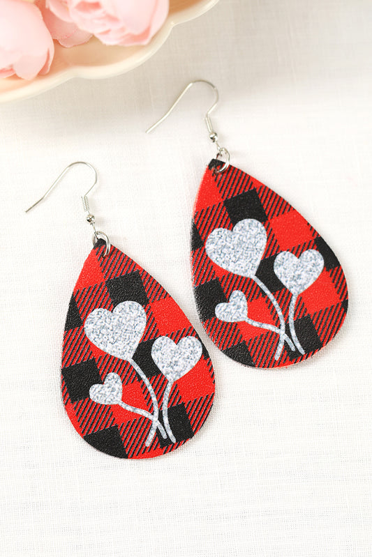 Red Valentine's Day Sequin Heart Plaid PU Leather Earrings Jewelry JT's Designer Fashion