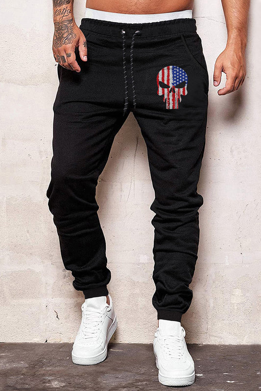 Black American Flag Skull Print Drawstring Men's Sweatpants Black 65%涤纶+35%棉 Men's Pants JT's Designer Fashion