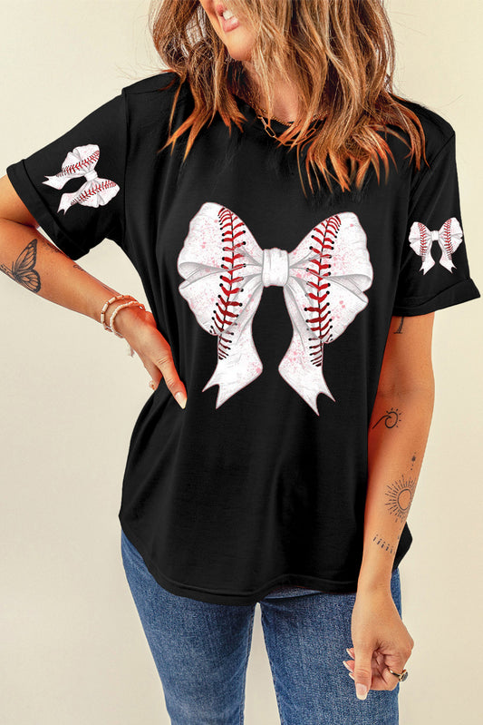 Black Baseball Bowknot Graphic Relaxed T Shirt Graphic Tees JT's Designer Fashion
