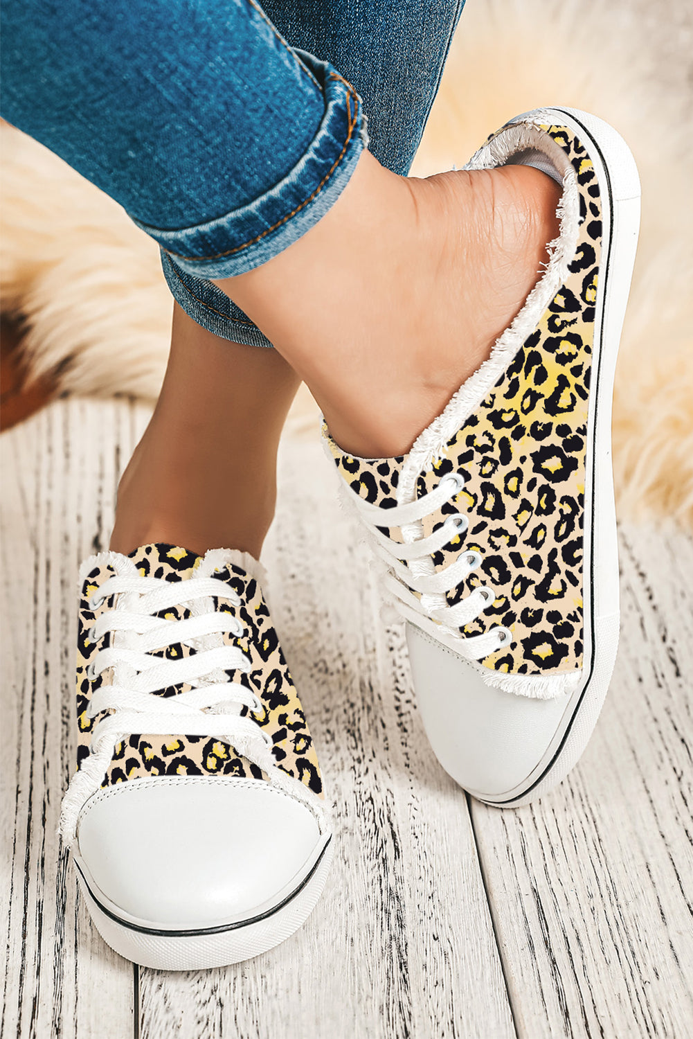 Chestnut Leopard Print Lace Up Decor Canvas Slip On Shoes Slippers JT's Designer Fashion