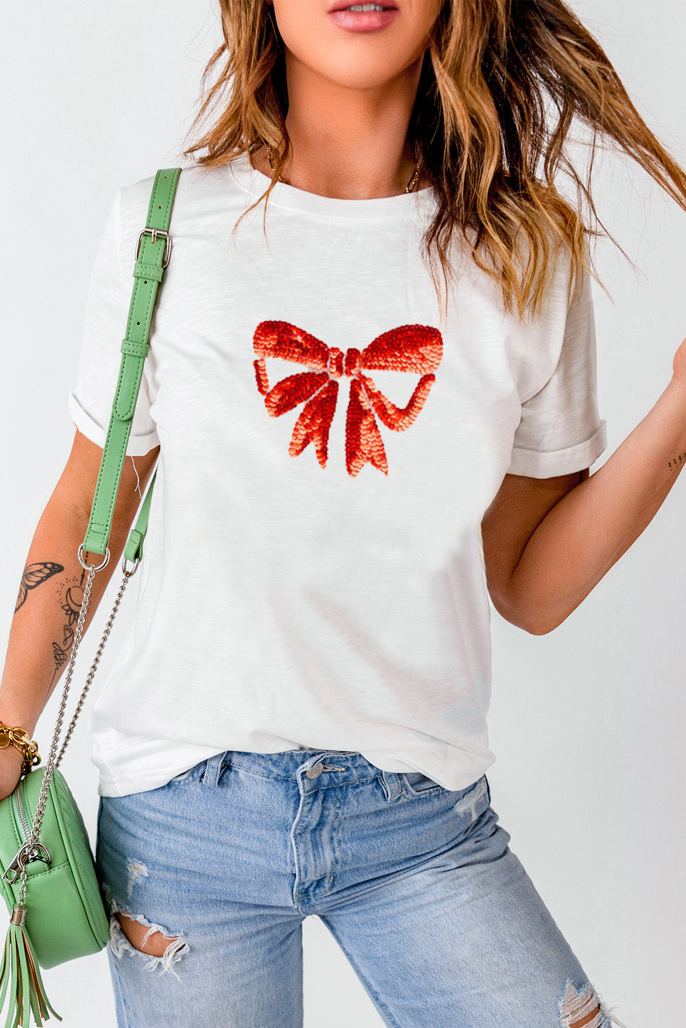 White Bowknot Graphic Casual T Shirt Graphic Tees JT's Designer Fashion