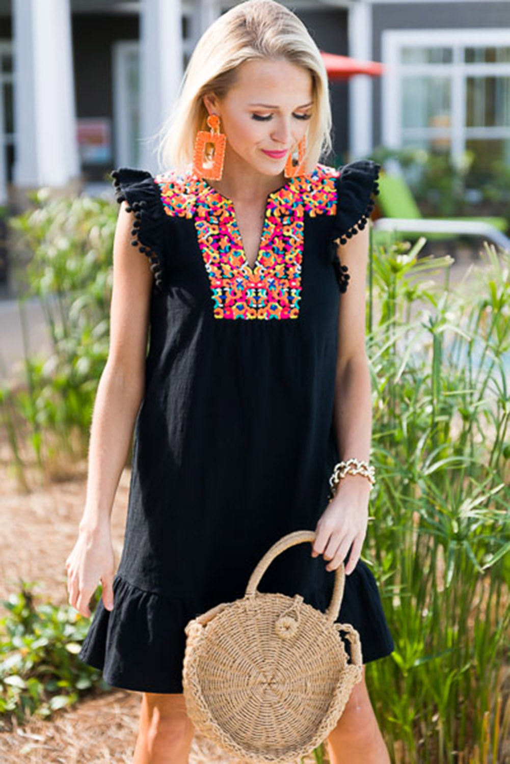 Black Boho Print Pompom Sleeve Shift Dress Mini Dresses JT's Designer Fashion