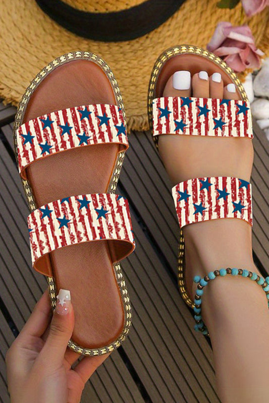 Fiery Red American Flag Print Double Band Flat Slippers Slippers JT's Designer Fashion