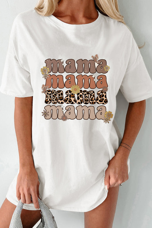White mama Leopard Daisy Print Crewneck T Shirt