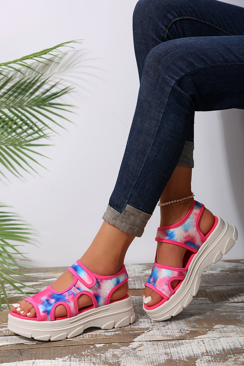 Strawberry Pink Tie Dye Print Hollow Out Velcro Platform Sandals Sandals JT's Designer Fashion