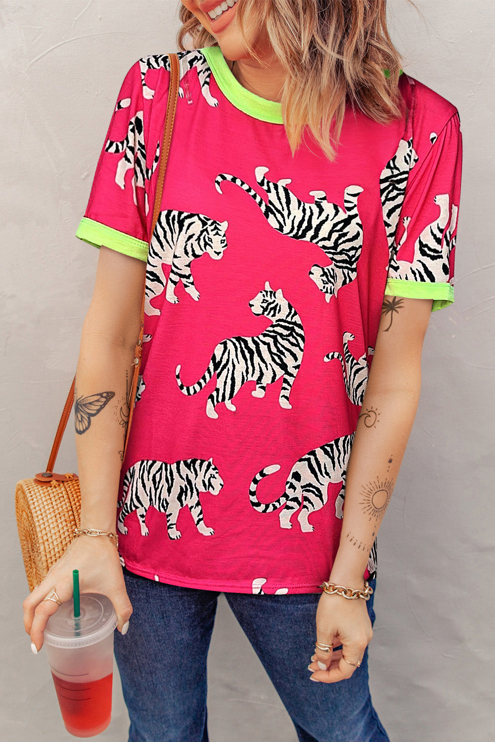 Rose Contrast Round Neck Short Sleeve Tiger Print Top Pre Order Tops JT's Designer Fashion