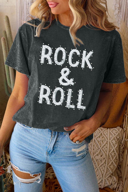 Black ROCK & ROLL Mineral Wash Crewneck T Shirt Graphic Tees JT's Designer Fashion