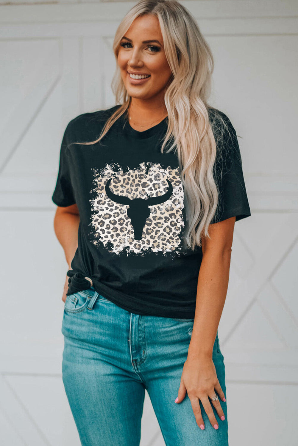 Black Western Leopard Steer Head Print Casual T Shirt Graphic Tees JT's Designer Fashion