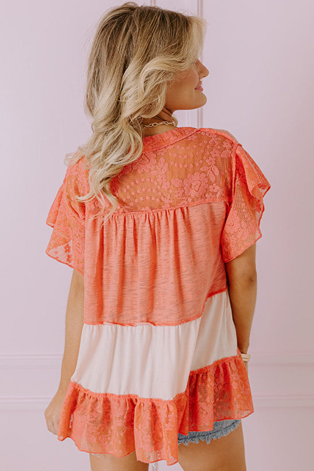 Grapefruit Orange Ruffled Lace Exposed Seam Patchwork Babydoll Top Pre Order Tops JT's Designer Fashion