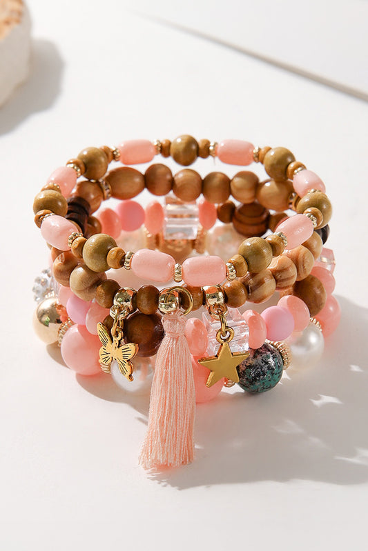 Pink 4Pcs Butterfly Star Pendant Tassel Beaded Bracelet Set Jewelry JT's Designer Fashion