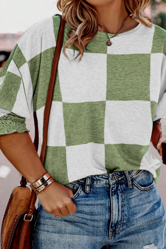 Green Checkered Shirred Puff Sleeve Plus Size Top Pre Order Plus Size JT's Designer Fashion