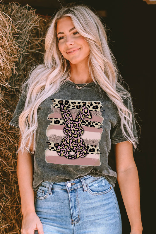 Black Easter Rabbit Leopard Mineral Wash Graphic T Shirt Graphic Tees JT's Designer Fashion