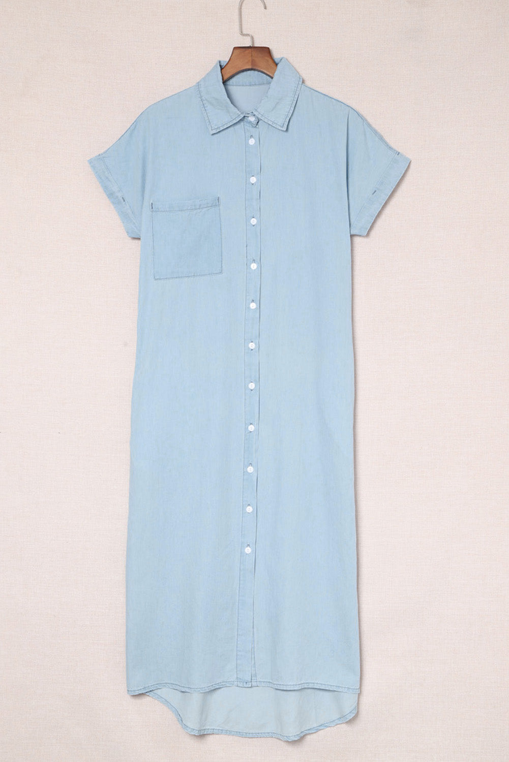 Sky Blue Chambray Shirt Short Sleeves Midi Dress Midi Dresses JT's Designer Fashion