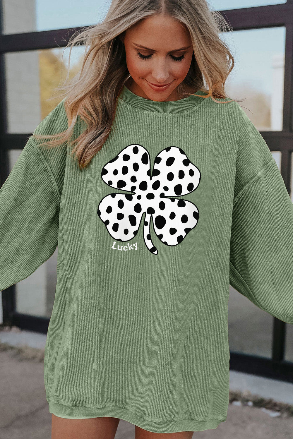 Grass Green Western Cow Clover Print Crewneck Corded Sweatshirt Graphic Sweatshirts JT's Designer Fashion
