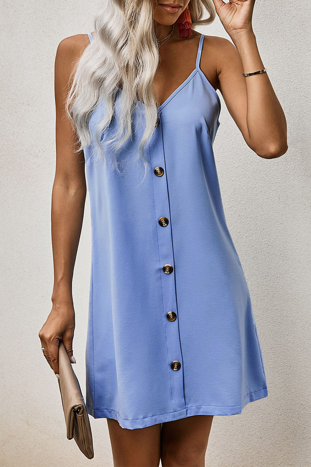 Sky Blue Buttoned Slip Dress Mini Dresses JT's Designer Fashion