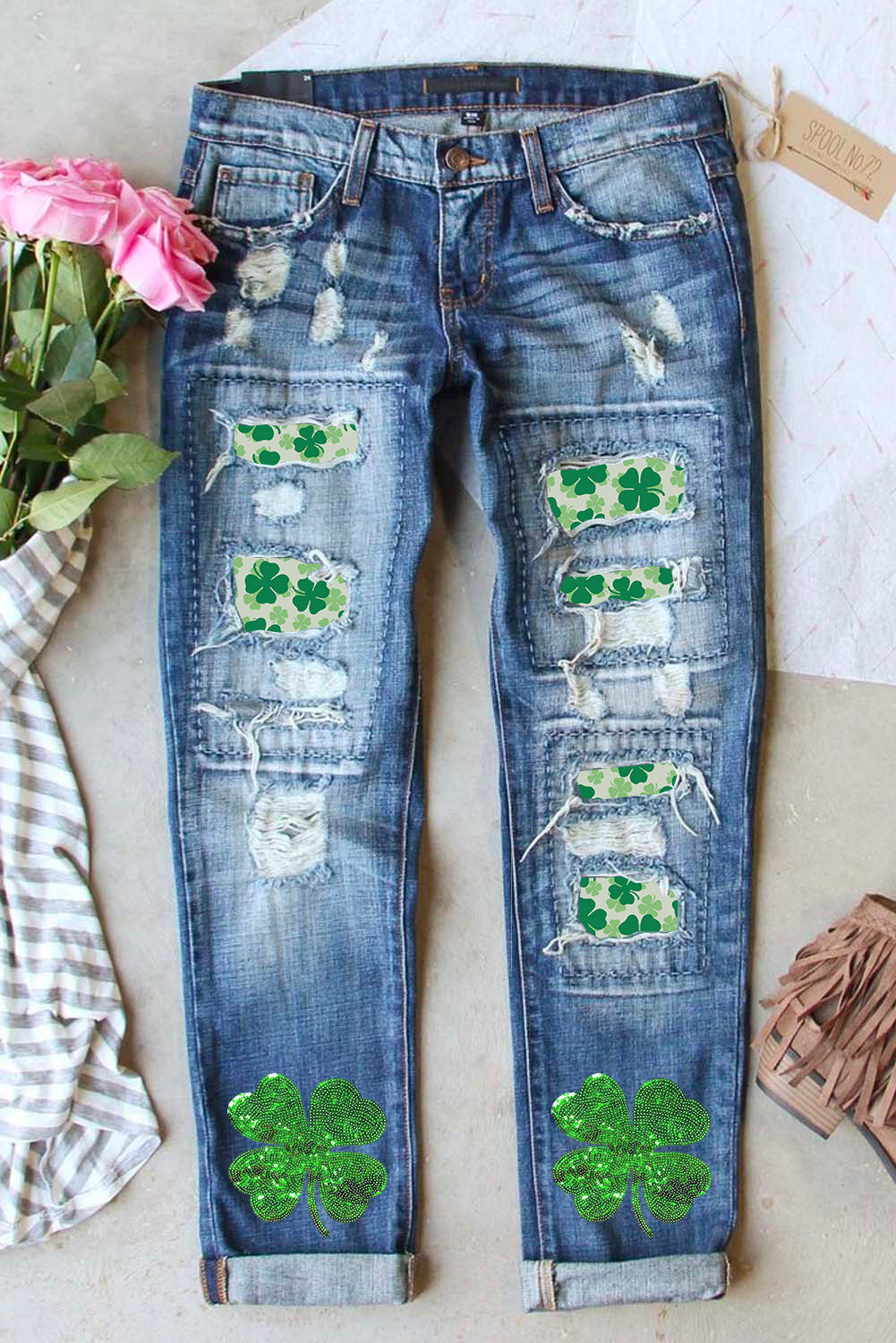 Sky Blue St. Patricks Clover Patchwork Sequin Distressed Jeans Graphic Pants JT's Designer Fashion