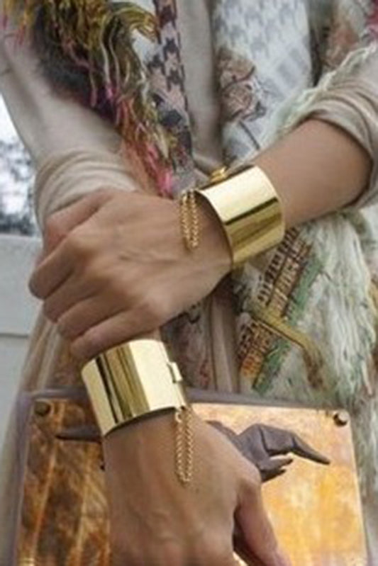 Gold Metallic Chain Wide Cuff Bangle Jewelry JT's Designer Fashion