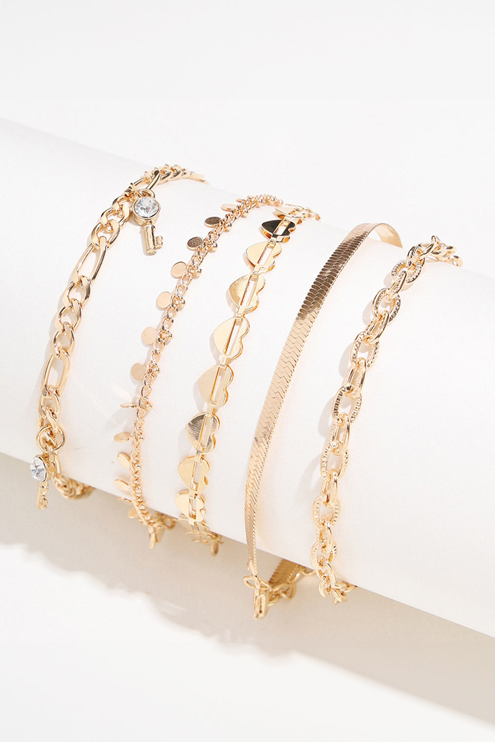 Gold Sweet Heart Rhinestone Dangle 5-piece Anklets Jewelry JT's Designer Fashion