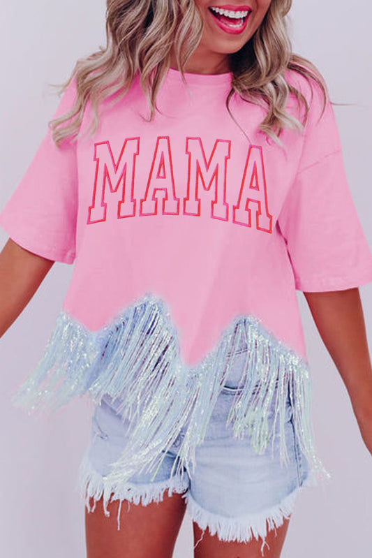 Pink MAMA Embroidered Sequin Tassel Patchwork T Shirt Graphic Tees JT's Designer Fashion