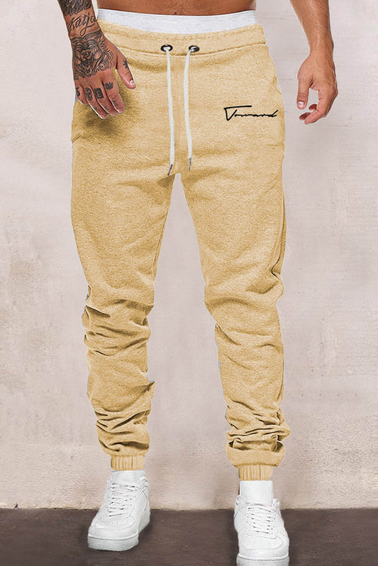 Apricot Letter Print Drawstring Elastic Waist Men's Sweatpants Apricot 65%Polyester+35%Cotton Men's Pants JT's Designer Fashion
