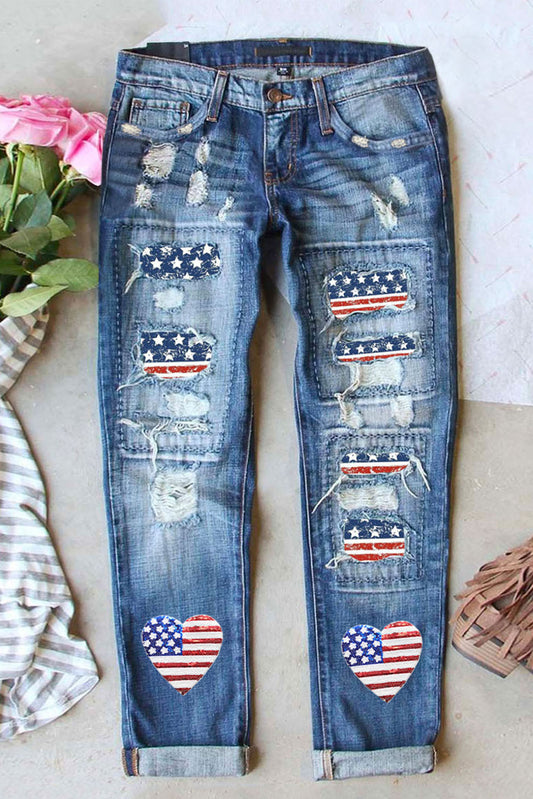 Sky Blue Heart-shape American Flag Patch Frayed Jeans Graphic Pants JT's Designer Fashion