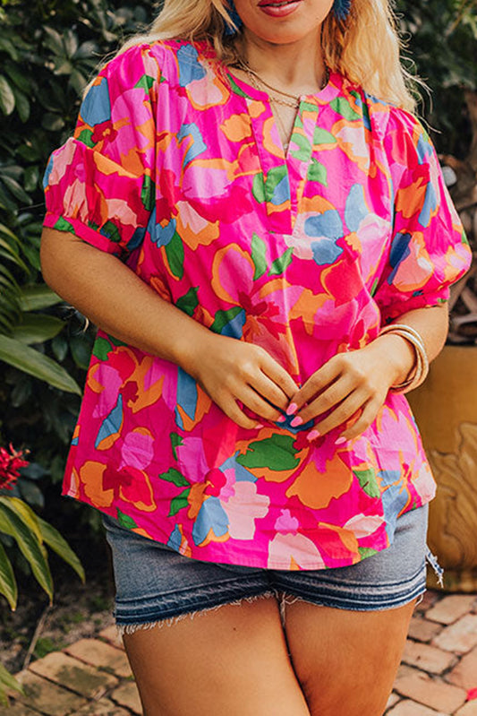 Rose Plus Size Bold Floral Puffy Sleeve Blouse