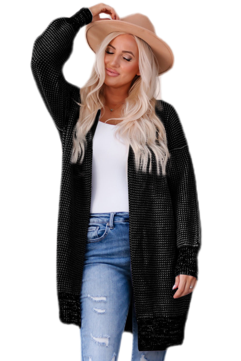 Black Plaid Knitted Long Open Front Cardigan Sweaters & Cardigans JT's Designer Fashion