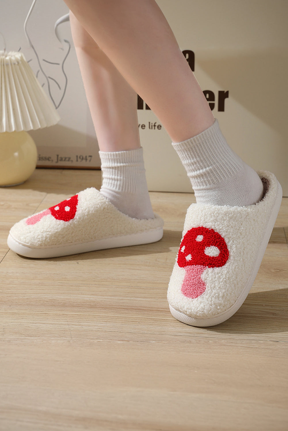 White Cute Cartoon Mushroom Graphic Fuzzy Winter Slippers Slippers JT's Designer Fashion