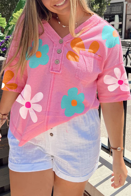 Pink Floral Buttoned V Neck Patched Pocket Knit Plus T Shirt